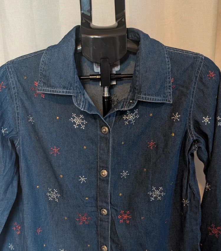 Vintage Quacker Factory Denim Shirt Embroidered Snowflake Blue XS image 7