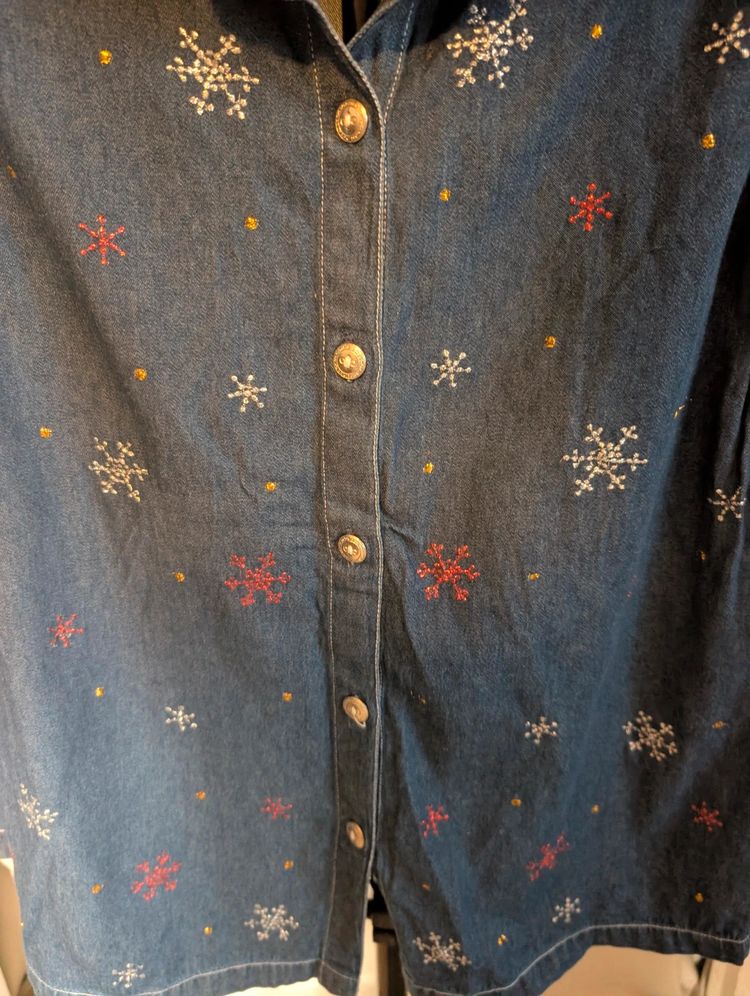 Vintage Quacker Factory Denim Shirt Embroidered Snowflake Blue XS image 2