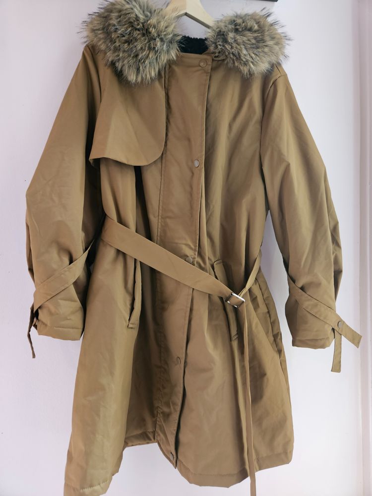 Brown Parka Coat With Faux Fur Hood