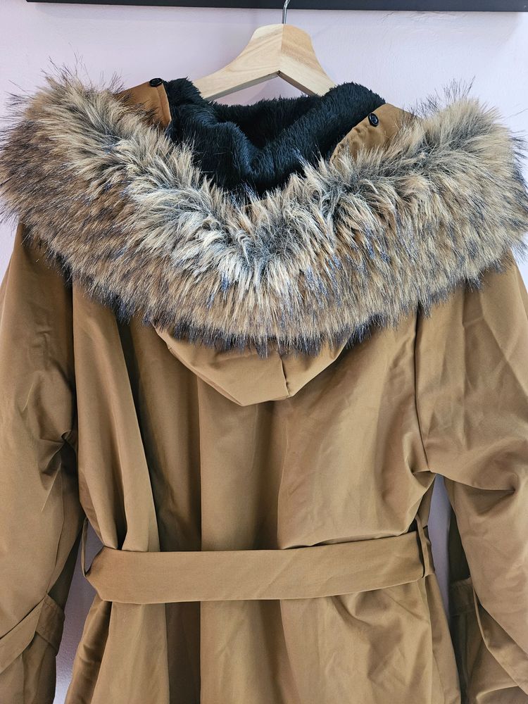 Brown Parka Coat With Faux Fur Hood obraz 5
