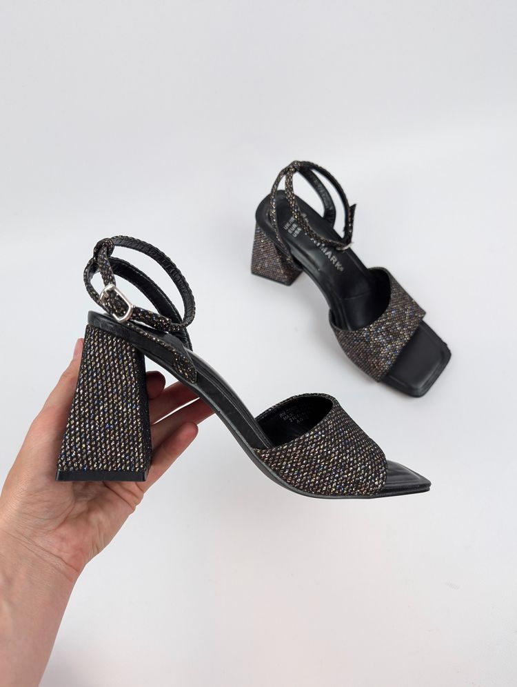 Primark Błyszczące sandały na słupku Primark 38 czarne złote mieniące wesele impreza glam product image