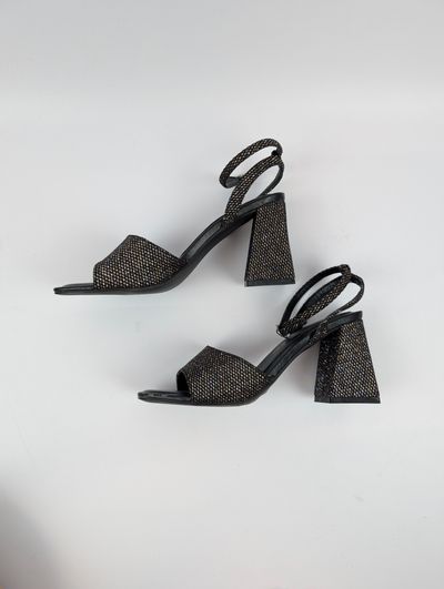 Błyszczące sandały na słupku Primark 38 czarne złote mieniące wesele impreza glam 2