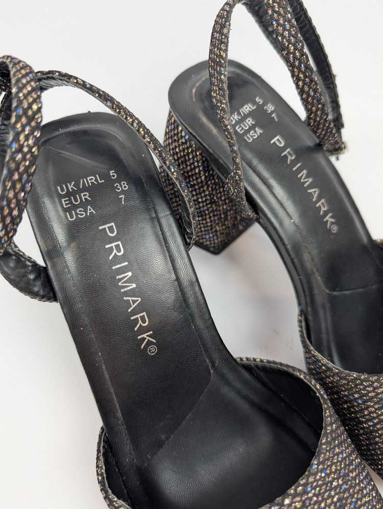 Błyszczące sandały na słupku Primark 38 czarne złote mieniące wesele impreza glam 5