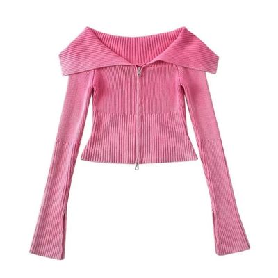 Pink Ribbed Knit Zip-Up Sweater