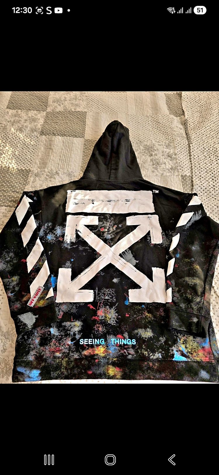 Black Hoodie With Paint Splatter And White Arrow Design