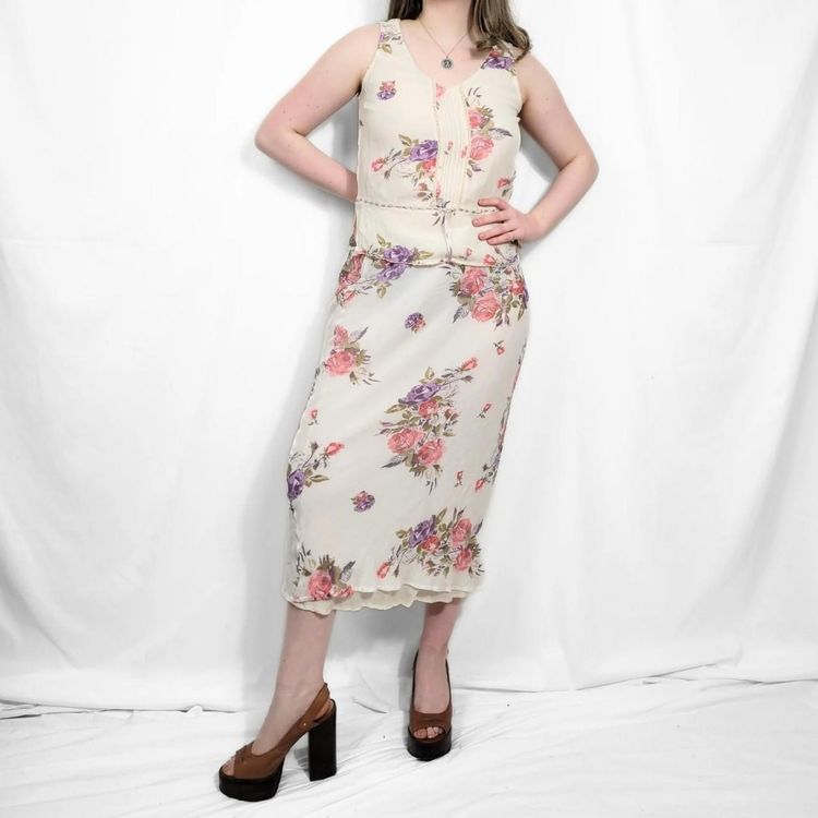 Vintage Y2K Pink Floral Mesh Two Piece Set /Skirt & Top