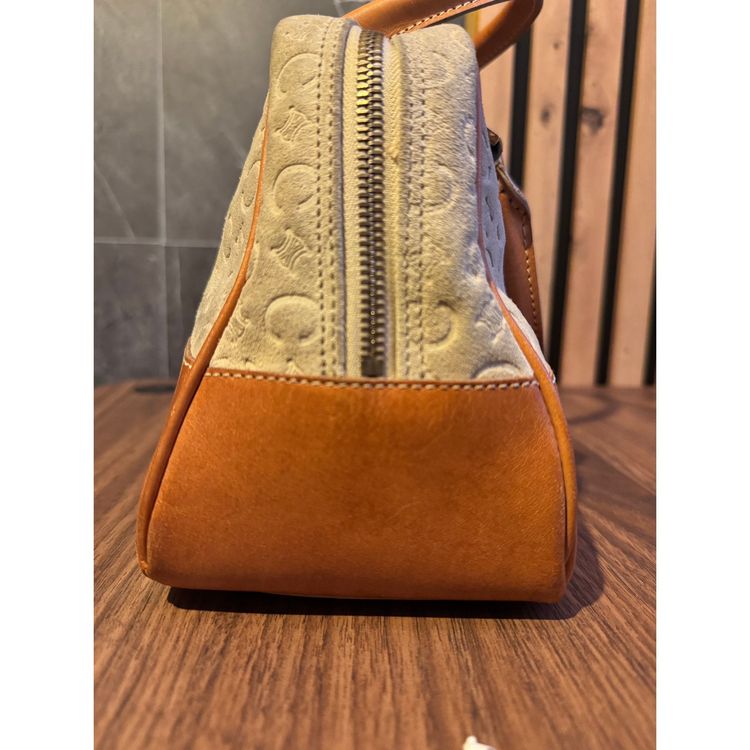 Vintage Céline Audra handbag / bowling bag in suede with C Macadam pattern and tanned leather imagen 3
