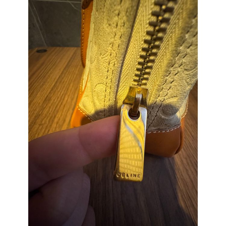 Vintage Céline Audra handbag / bowling bag in suede with C Macadam pattern and tanned leather imagen 8