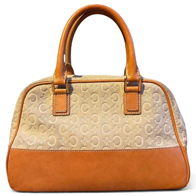 Vintage Céline Audra handbag / bowling bag in suede with C Macadam pattern and tanned leather image 1