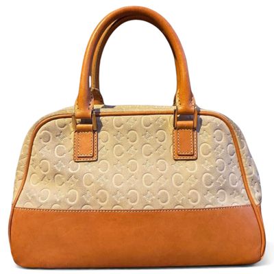 Vintage Céline Audra handbag / bowling bag in suede with C Macadam pattern and tanned leather