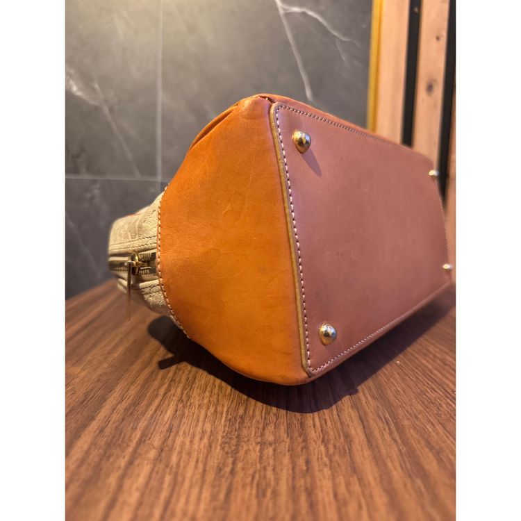 Vintage Céline Audra handbag / bowling bag in suede with C Macadam pattern and tanned leather imagen 7