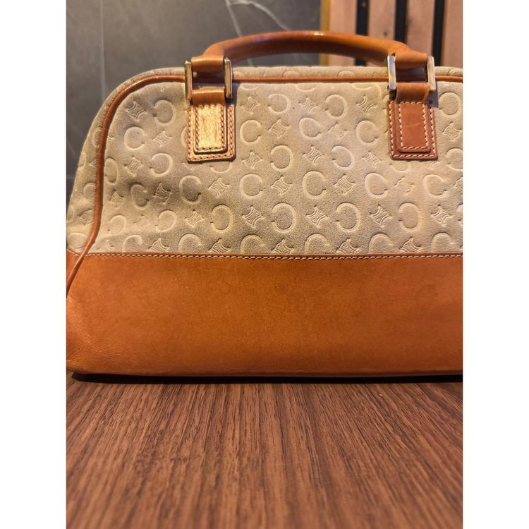 Vintage Céline Audra handbag / bowling bag in suede with C Macadam pattern and tanned leather imagen 2