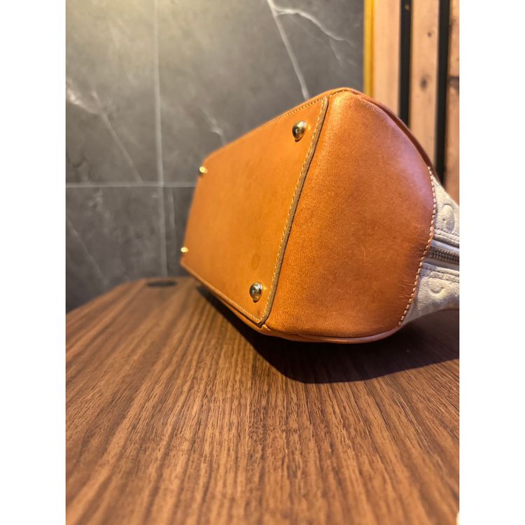 Vintage Céline Audra handbag / bowling bag in suede with C Macadam pattern and tanned leather imagen 4
