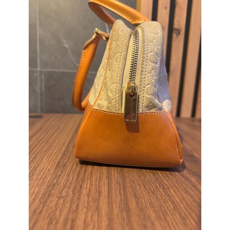 Vintage Céline Audra handbag / bowling bag in suede with C Macadam pattern and tanned leather imagen 5