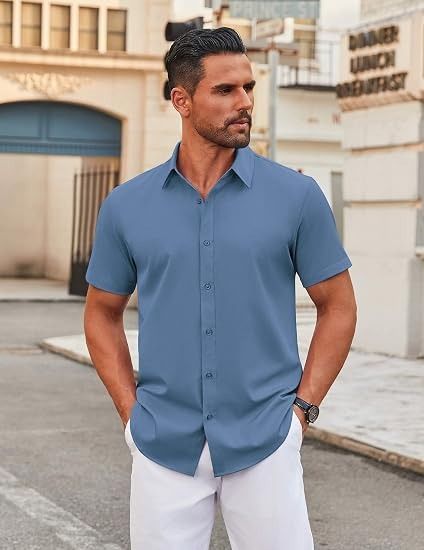 Blue Short Sleeve Button-Up Shirt image 1