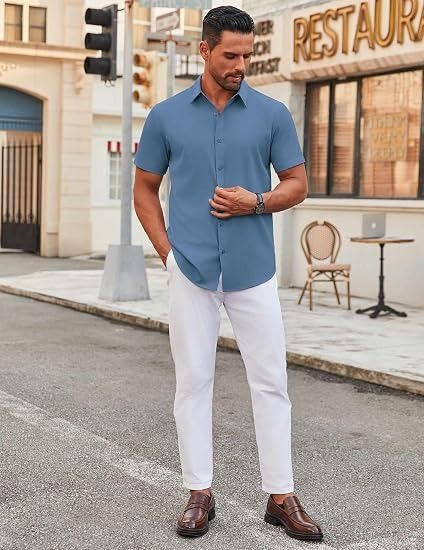 Blue Short Sleeve Button-Up Shirt image 3
