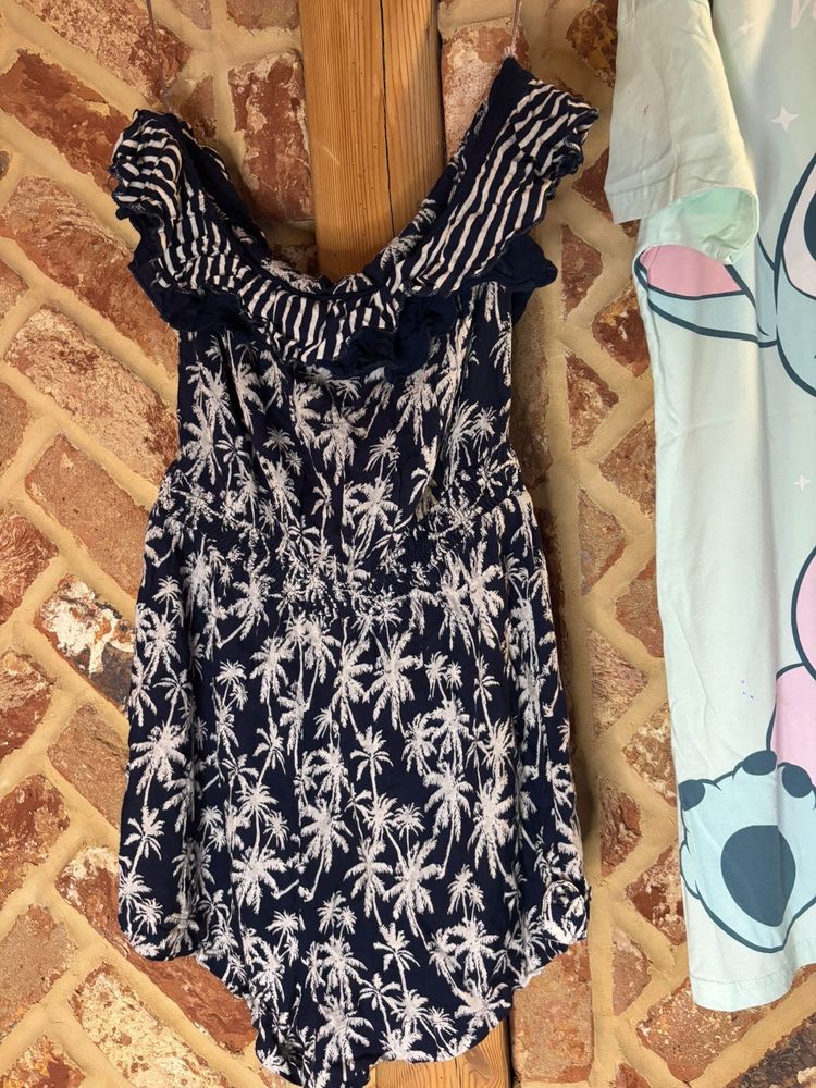 Navy Blue Dress With White Palm Tree Print