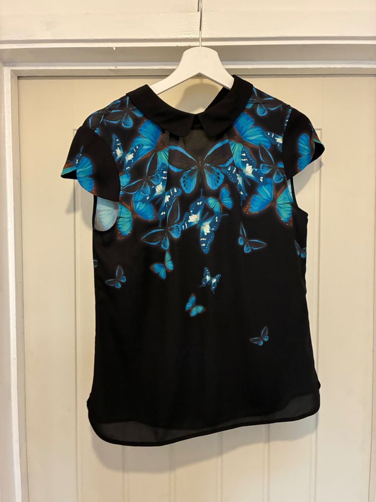 Black Blouse With Blue Butterfly Print