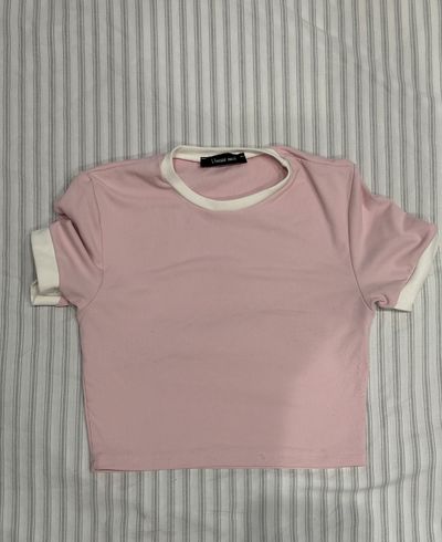 Pink Short Sleeve Crop Top With White Trim