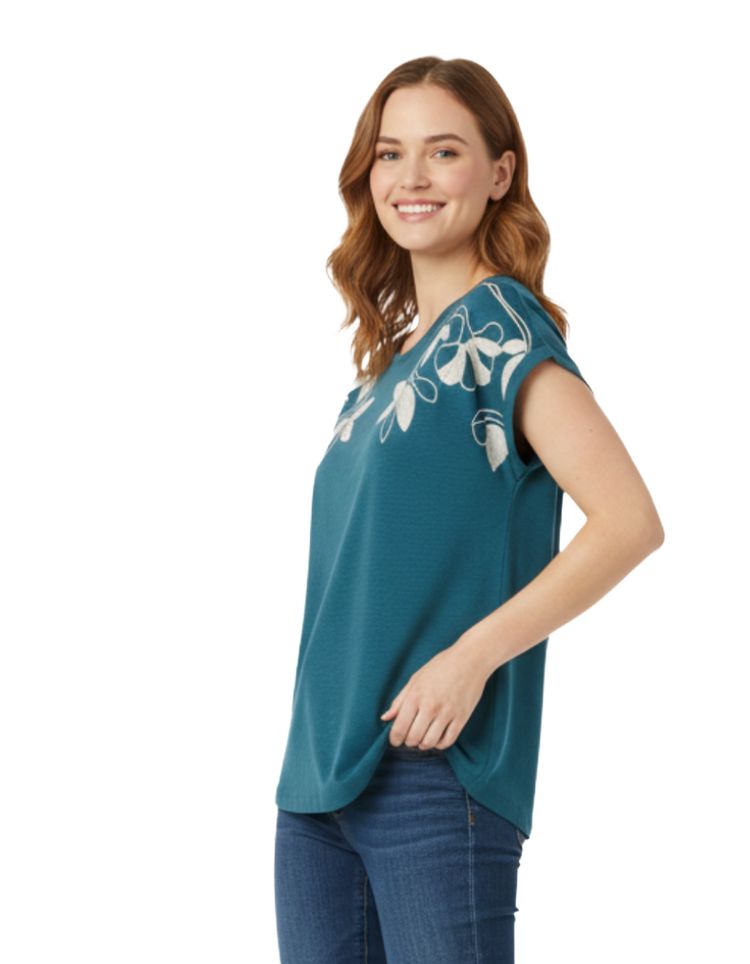 Women's Ivy Short Sleeve Embroidered T-Shirt in Teal Blue (Imperfect) image 5