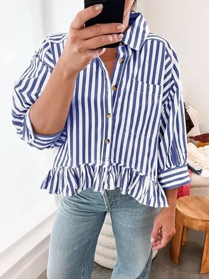 Other Blue And White Striped Button-Up Shirt With Ruffle Hem product image