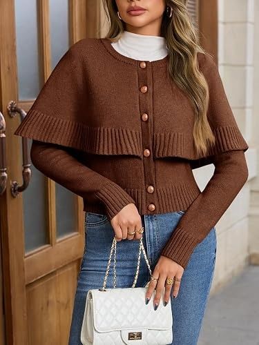 Brown Knit Button-Up Cardigan With Cape Detail