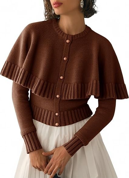 Brown Knit Button-Up Cardigan With Cape Detail imagen 3