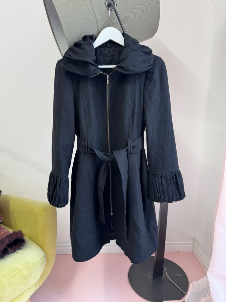 Black Hooded Coat With Belt
