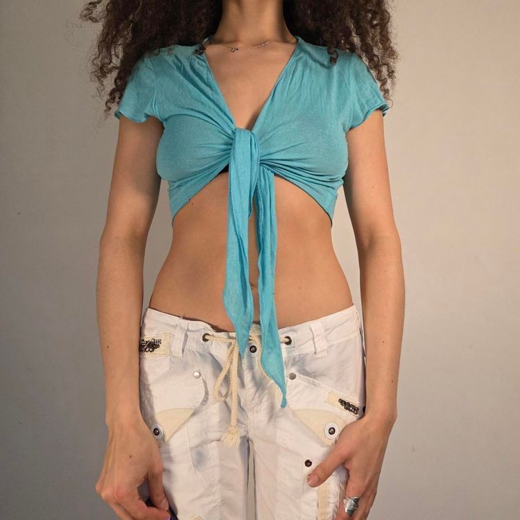 Turqouise blue Tie-Front Crop Top image 8