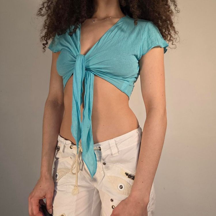 Turqouise blue Tie-Front Crop Top image 6