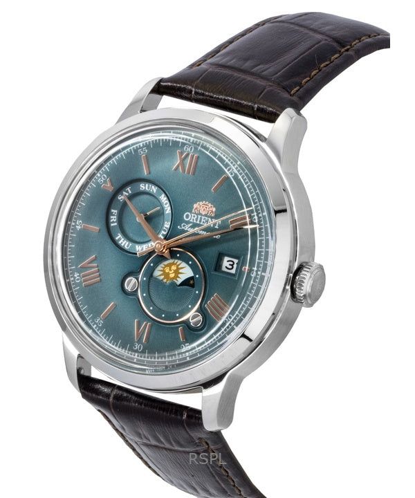 Orient Classic Sun and Moon Leather Strap Green Dial Automatic RA-AK0805E Men's Watch obraz 2