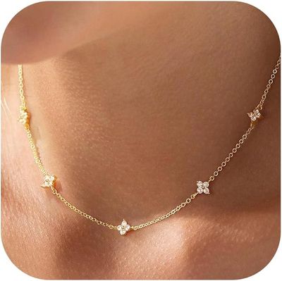 Kette Gold Silber 925 Damen 14k Vergoldet Halskette Damen Kleeblatt Herz Perlen Cubic Zirkonia Choker Ketten Wasserfest Charm Goldene Silberne Statement Kette Modeschmuck Geschenke 1