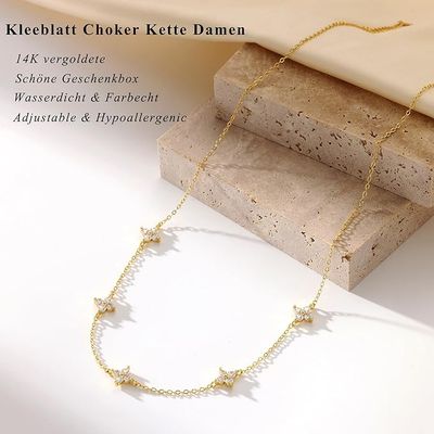 Kette Gold Silber 925 Damen 14k Vergoldet Halskette Damen Kleeblatt Herz Perlen Cubic Zirkonia Choker Ketten Wasserfest Charm Goldene Silberne Statement Kette Modeschmuck Geschenke 4