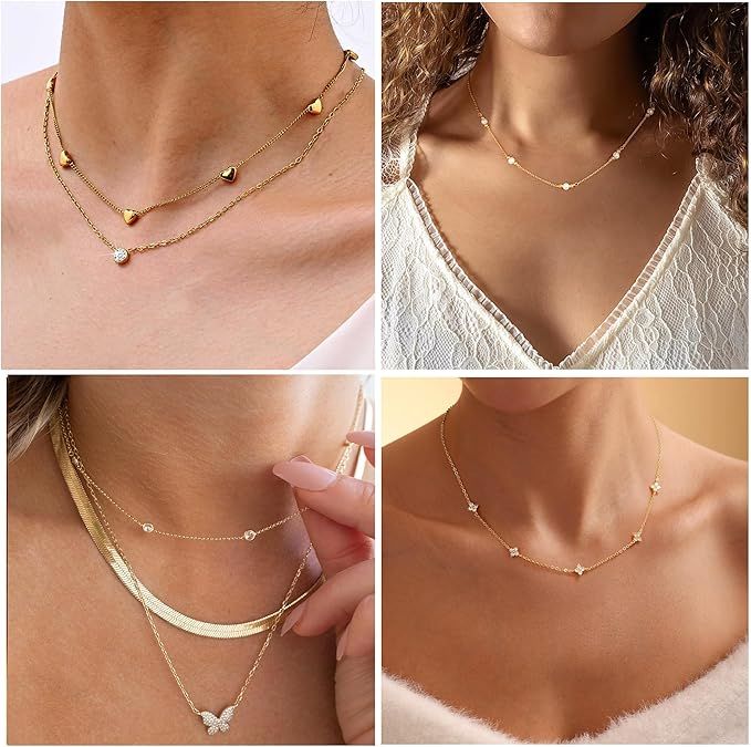 Kette Gold Silber 925 Damen 14k Vergoldet Halskette Damen Kleeblatt Herz Perlen Cubic Zirkonia Choker Ketten Wasserfest Charm Goldene Silberne Statement Kette Modeschmuck Geschenke 2