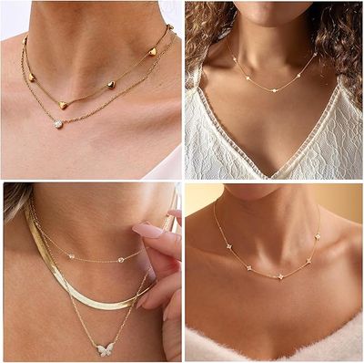 Kette Gold Silber 925 Damen 14k Vergoldet Halskette Damen Kleeblatt Herz Perlen Cubic Zirkonia Choker Ketten Wasserfest Charm Goldene Silberne Statement Kette Modeschmuck Geschenke 2