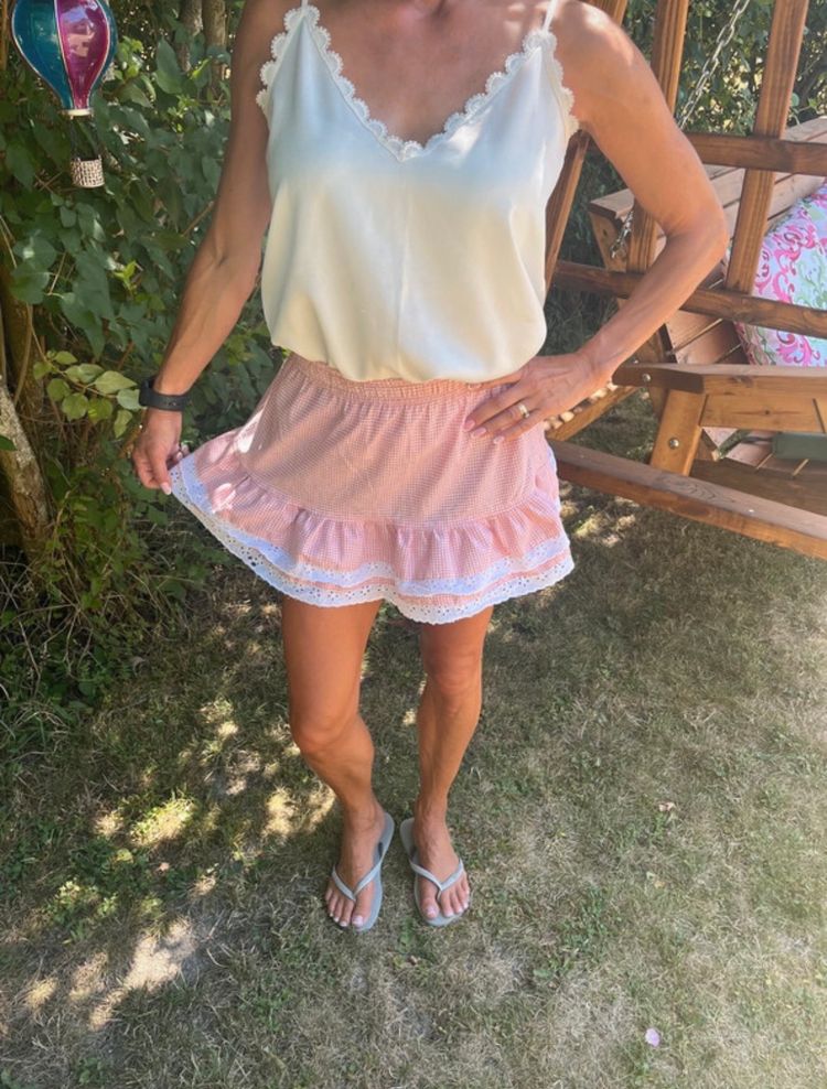 Pink Gingham Mini Skirt With White Lace Trim