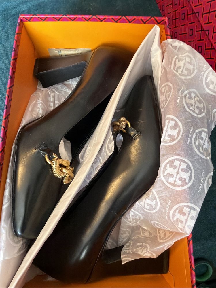 Tory Burch Jessa Pump 90mm Goat Leather Black Block Heel Horse Head Uk 5.5 BNIB image 7