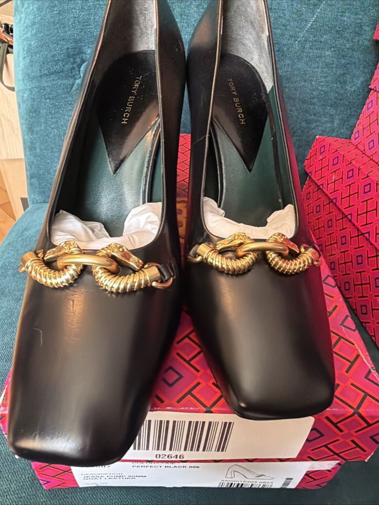 Tory Burch Jessa Pump 90mm Goat Leather Black Block Heel Horse Head Uk 5.5 BNIB image 1