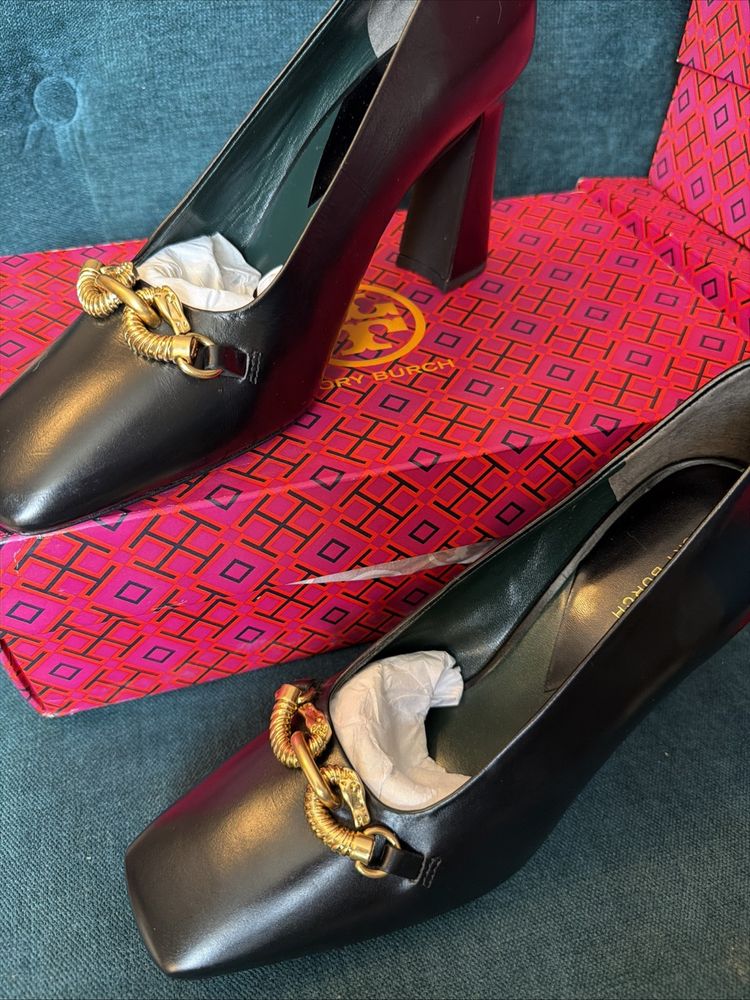 Tory Burch Jessa Pump 90mm Goat Leather Black Block Heel Horse Head Uk 5.5 BNIB image 2