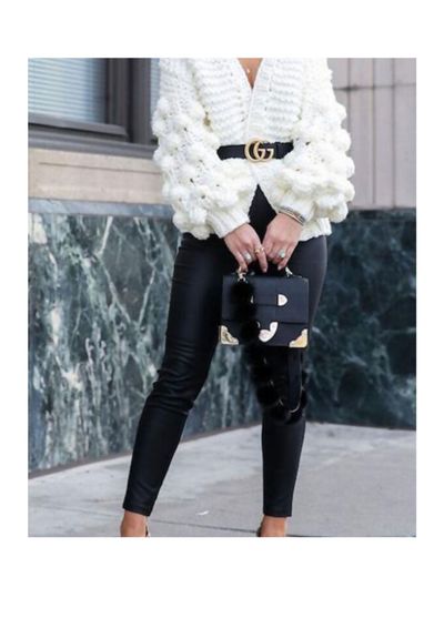 White Chunky Knit Cardigan, Black Leather Pants, Black Handbag