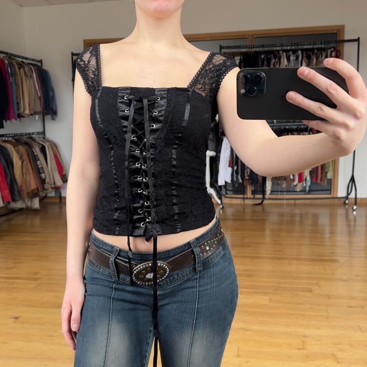 Black Lace-Up Corset Style Top With Lace Sleeves