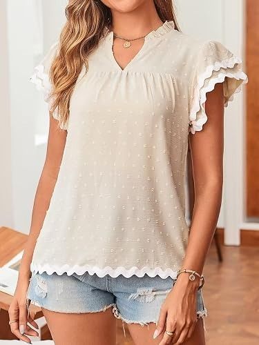 Immagine di Beige Short Sleeve Blouse With Ruffled Edges 2