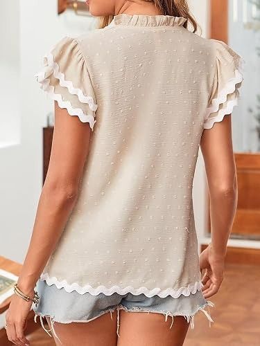 Immagine di Beige Short Sleeve Blouse With Ruffled Edges 5