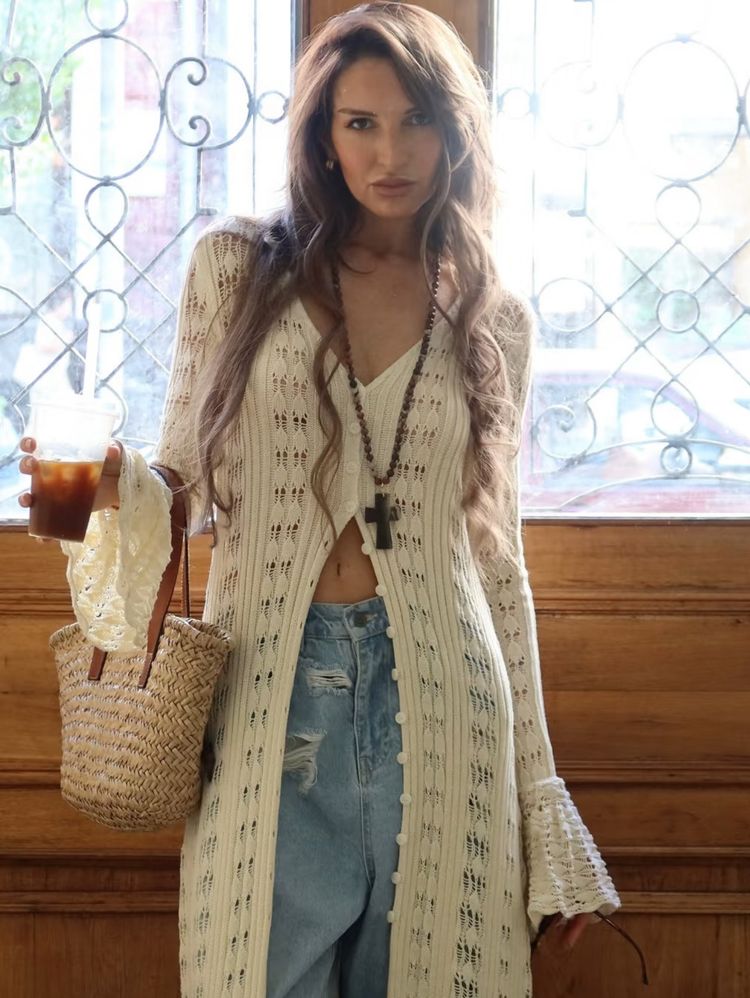 Cream Knit Long Cardigan  High-end handmade customization image 1