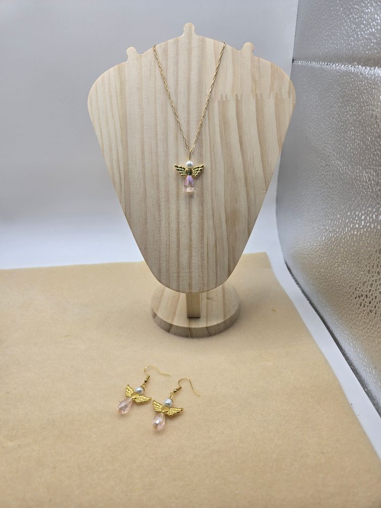 Gold-Tone Angel Pendant Necklace And Earrings Set image 1