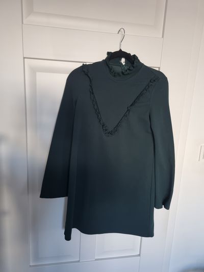 Dark Green Long Sleeve Dress With Ruffle Details