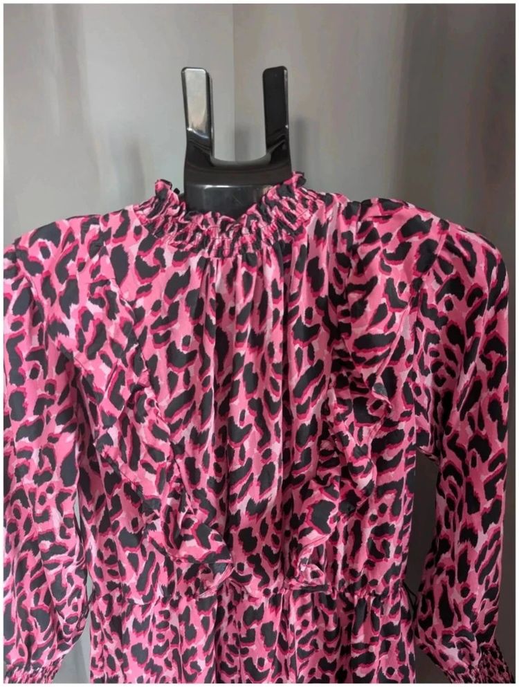Savida Dunnes Pink Black Leopard Print Ruffle Mini Dress S UK 10 imagen 7