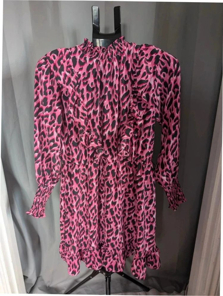 Savida Dunnes Pink Black Leopard Print Ruffle Mini Dress S UK 10 obraz 1