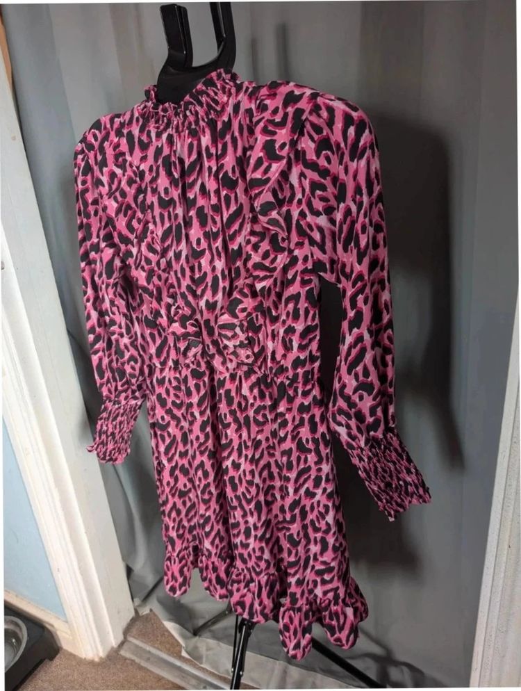 Savida Dunnes Pink Black Leopard Print Ruffle Mini Dress S UK 10 imagen 2