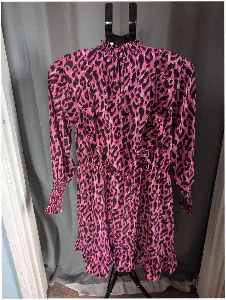 Savida Dunnes Pink Black Leopard Print Ruffle Mini Dress S UK 10 imagen 4